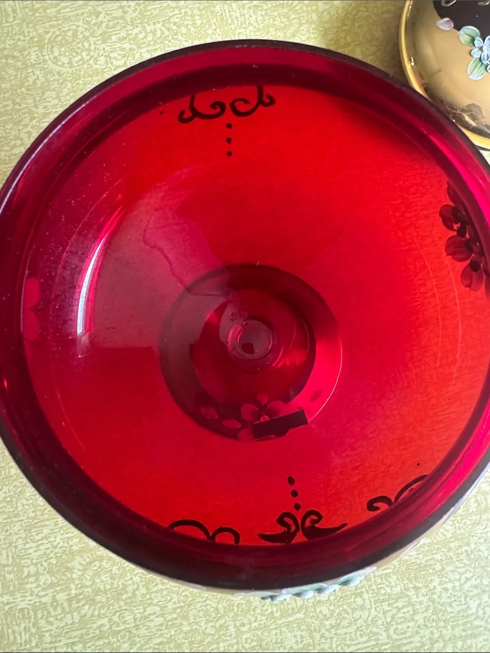 Hand-Painted Ruby Red and Gold Glass Candy Dish with Lid